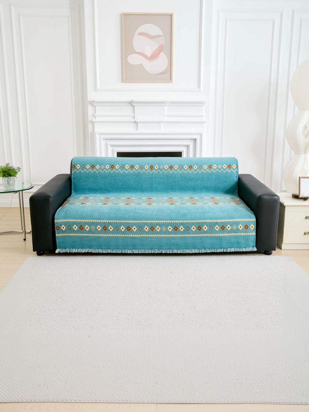 HOMETHREADS Multicoloured & Teal Printed Sofa Cover-image-14