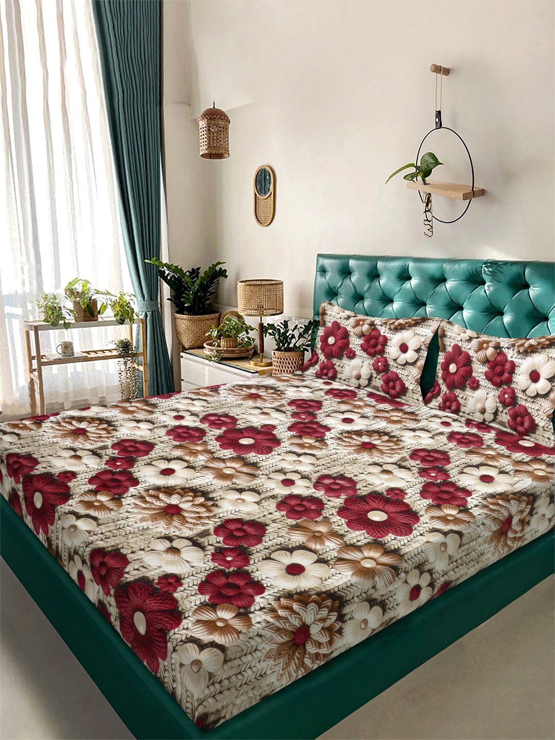 KLOTTHE Beige & Maroon Printed 300 TC Double Bedsheet With 2 Pillow Covers- 2.5 m x 2.25 m-picture-30