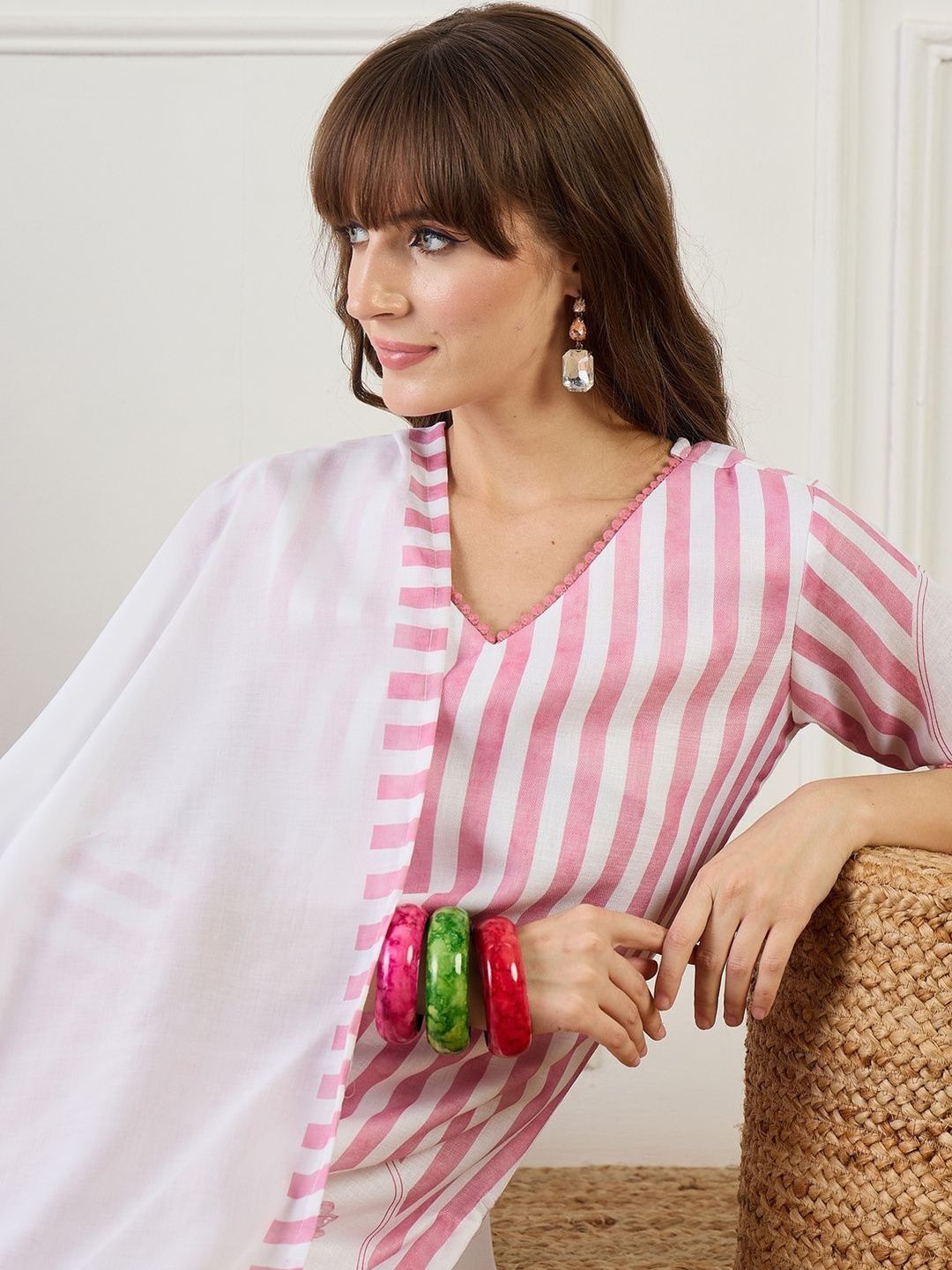 Indo Era Women Striped Regular Linen Kurta with Trousers & With Dupatta-picture-12