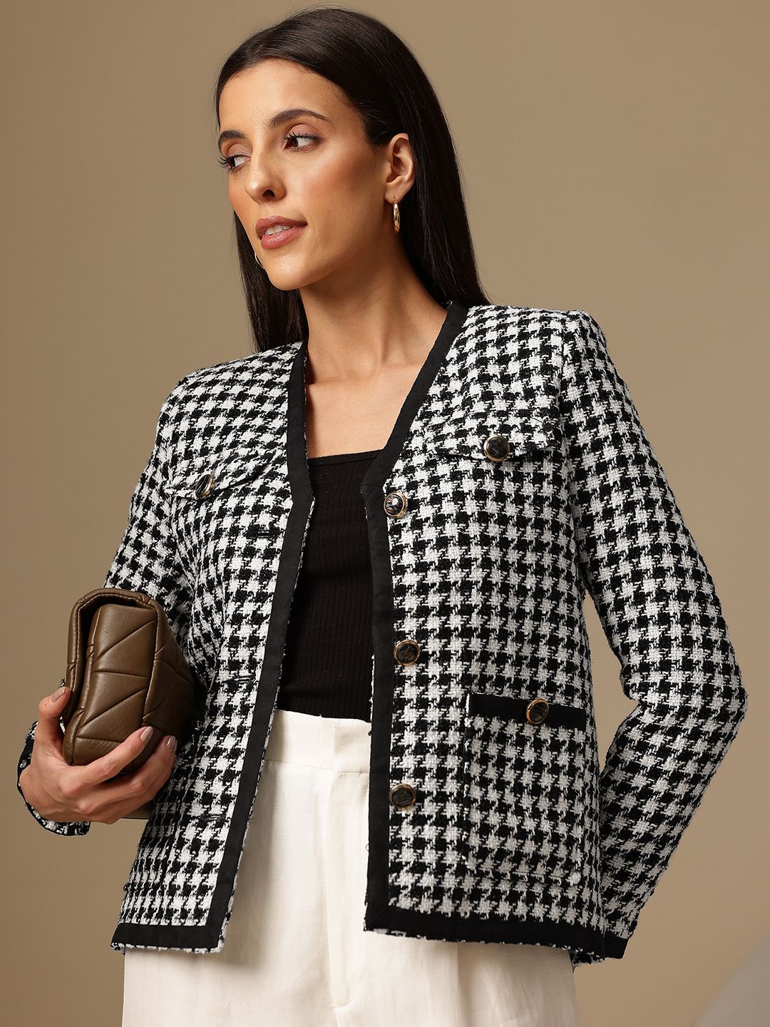 Chemistry Houndstooth Pattern Tweed Coat-image-8