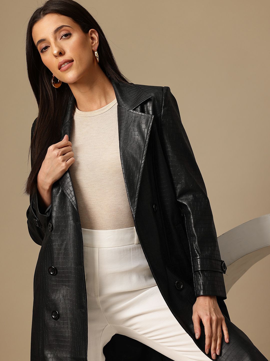 Chemistry Snake Skin Notched Lapel Double-Breasted Overcoat with Belt-picture-39