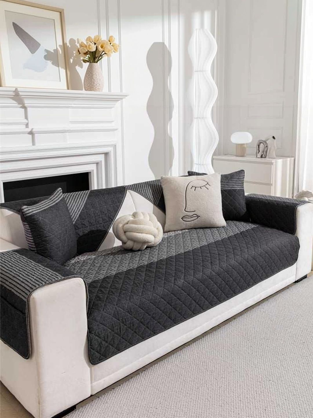 HOMETHREADS Grey & Charcoal Striped Sofa Cover-image-34