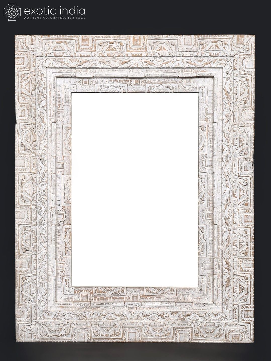 Exotic India White Textured Wood Framed Vintage Rectangular Mirror-image-39