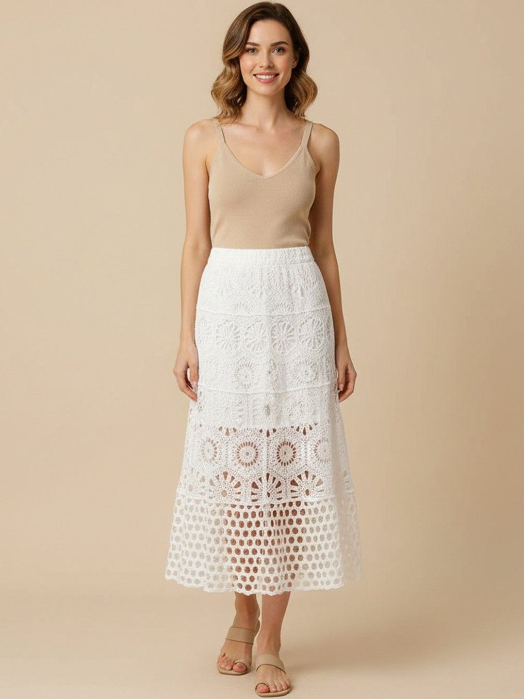 bebe Self Design Pure Cotton Flared Maxi Skirts-image-2