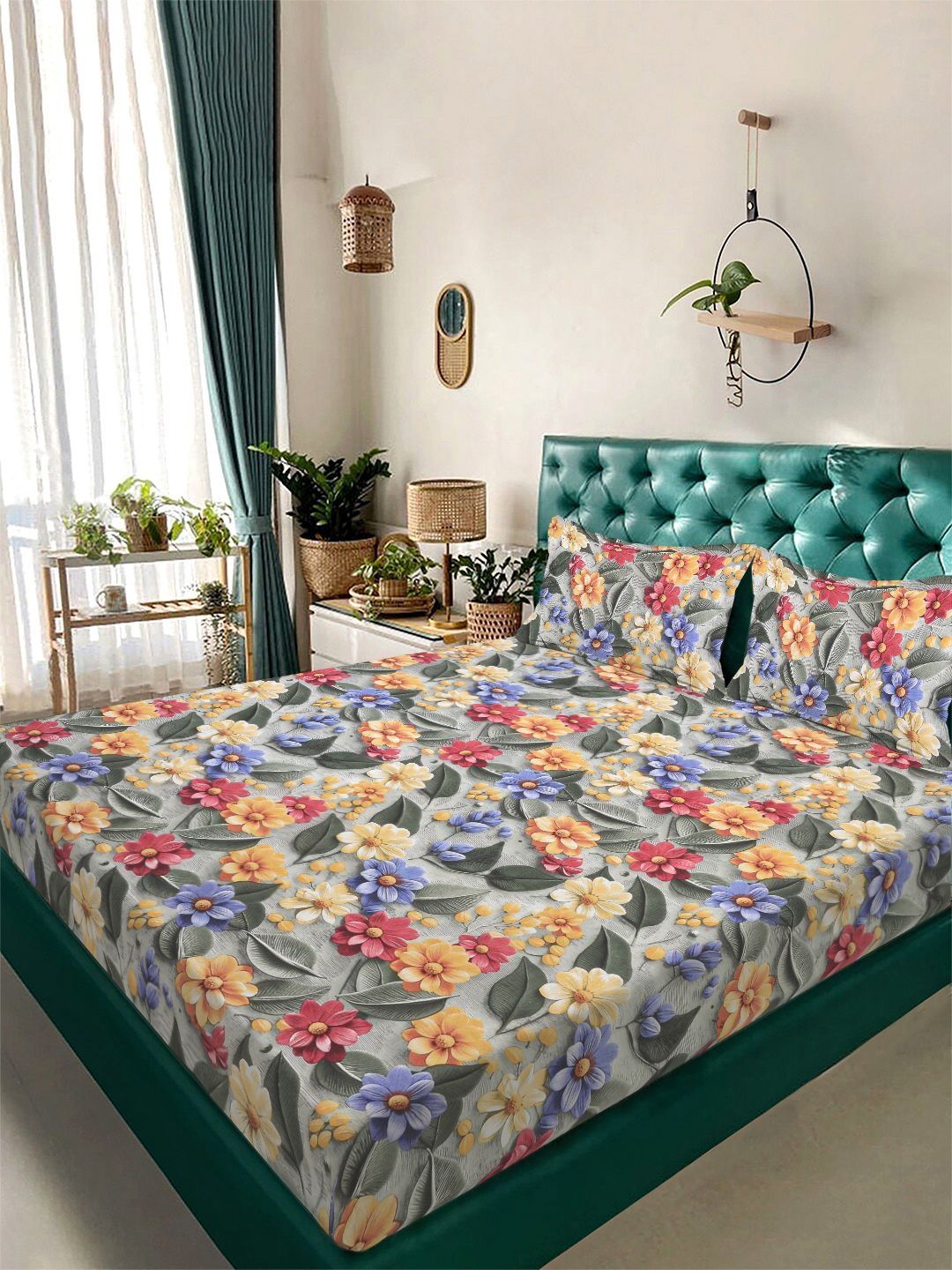 KLOTTHE Green & Blue Printed 300 TC Double Bedsheet With 2 Pillow Covers- 2.5 m x 2.25 m-image-12