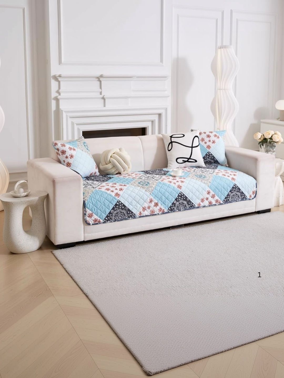 HOMETHREADS Blue & Multicoloured Printed Sofa Cover-image-34