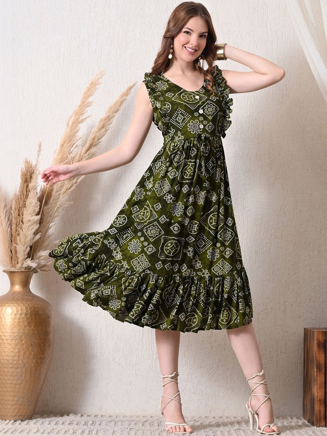 YANAMORA Bandhani Printed Ruffled Sleeveless Flared Midi V Neck Ethnic Dress-picture-27