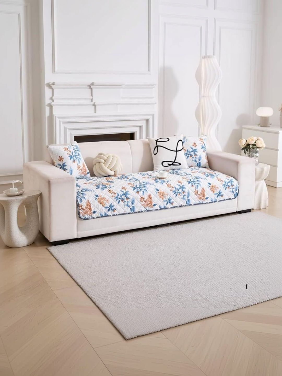 HOMETHREADS Blue & White Printed Sofa Cover-image-49