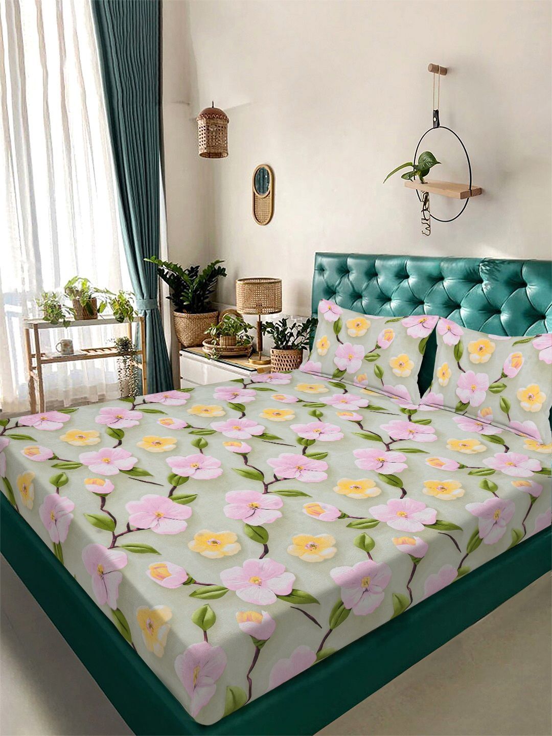 KLOTTHE Green & Yellow Printed 300 TC Double Bedsheet With 2 Pillow Covers- 2.5 m x 2.25 m-image-40