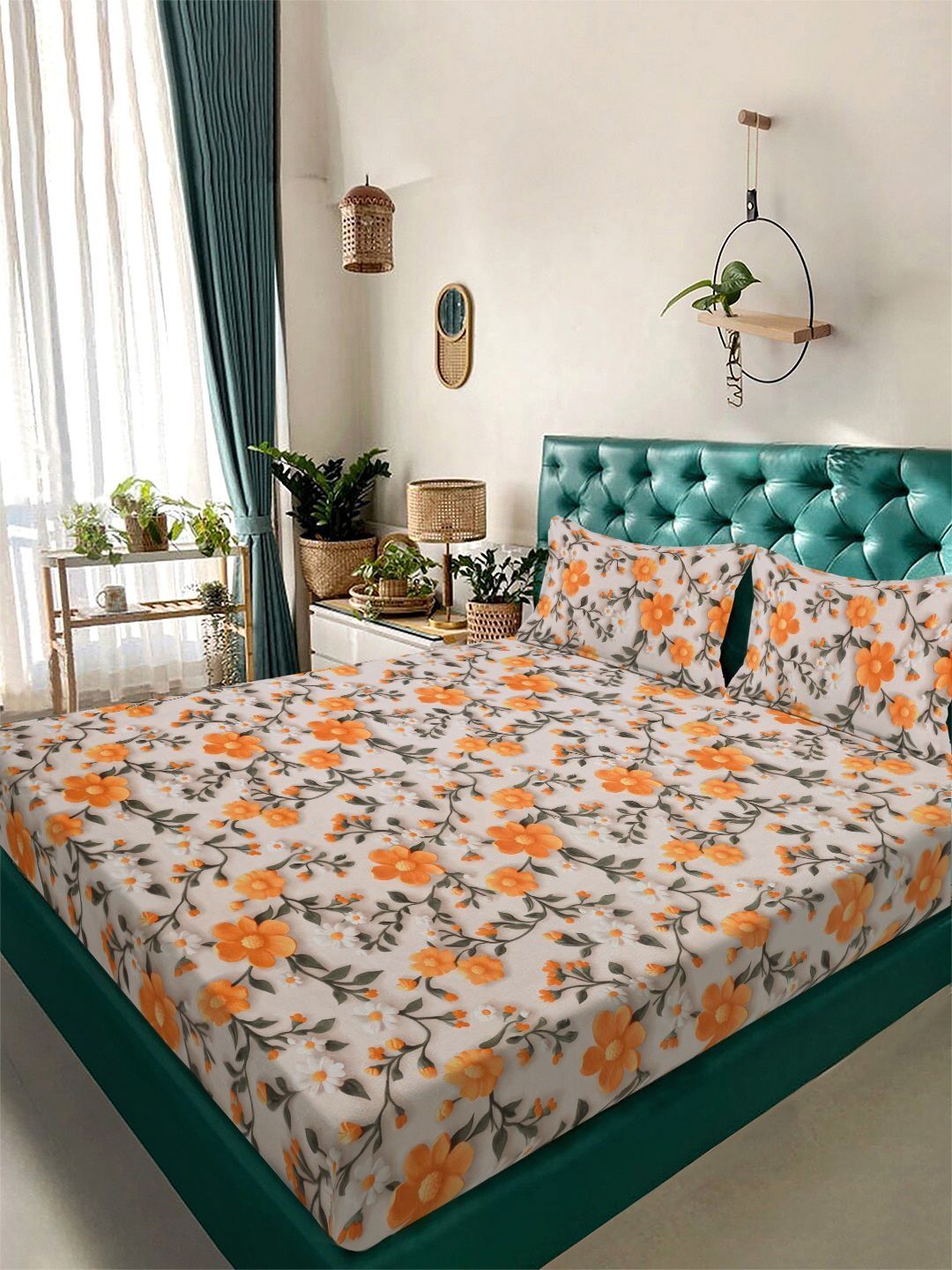 KLOTTHE Cream Color & Yellow Printed 300 TC Double Bedsheet & 2 Pillow Cover-2.5 m x 2.25m-image-46
