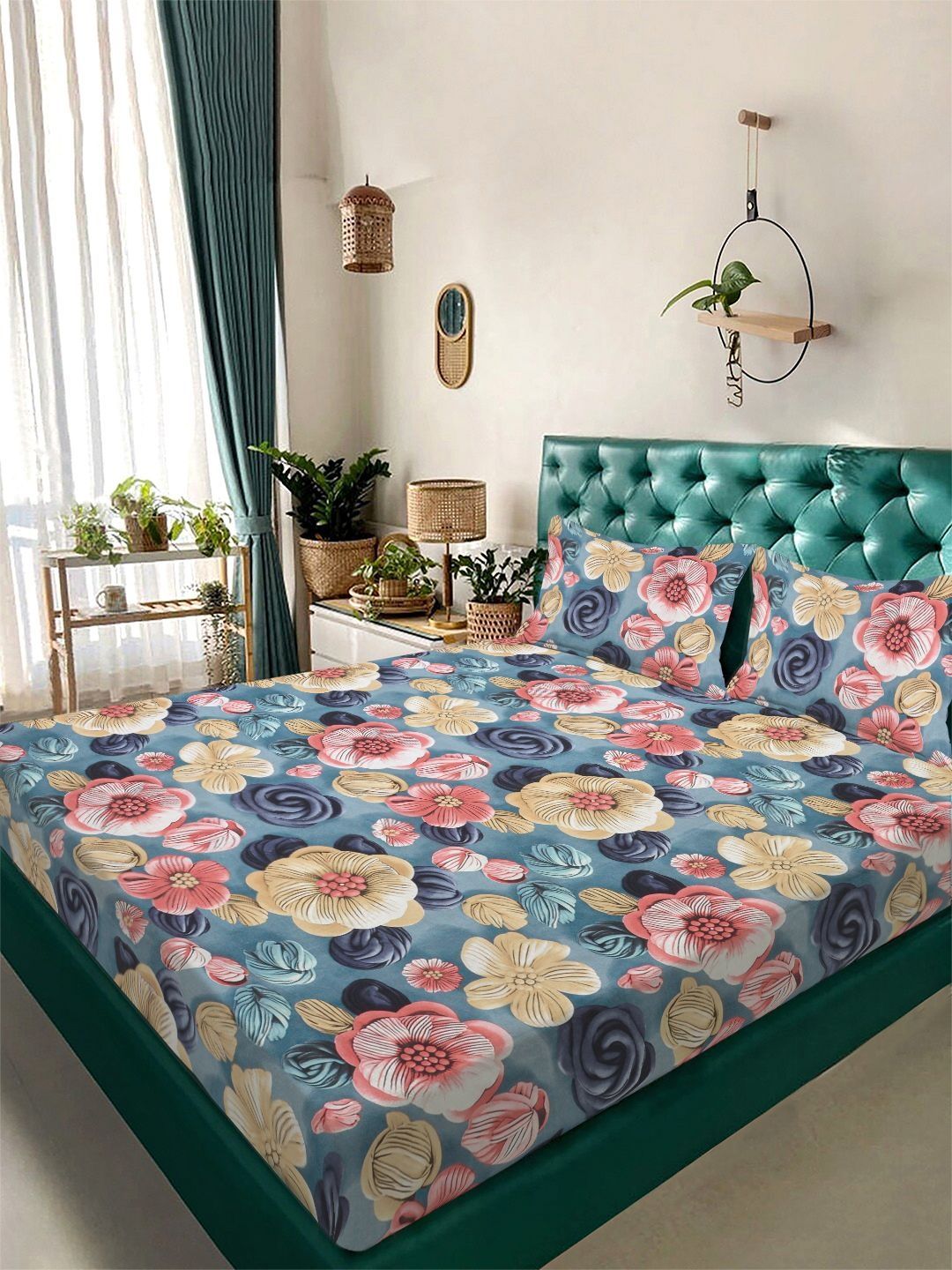 KLOTTHE Blue & Pink Printed 300 TC Double Bedsheet With 2 Pillow Covers- 2.5 m x 2.25 m-image-23