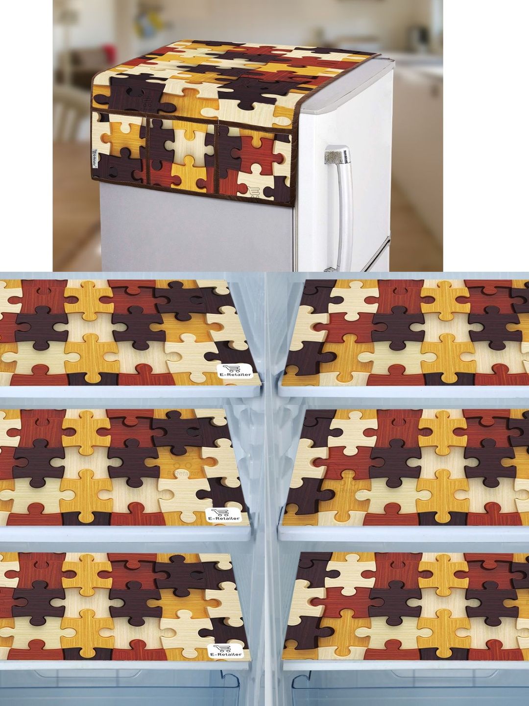 E-Retailer 7-Pcs Brown & Yellow Printed Refrigerator Covers-picture-28
