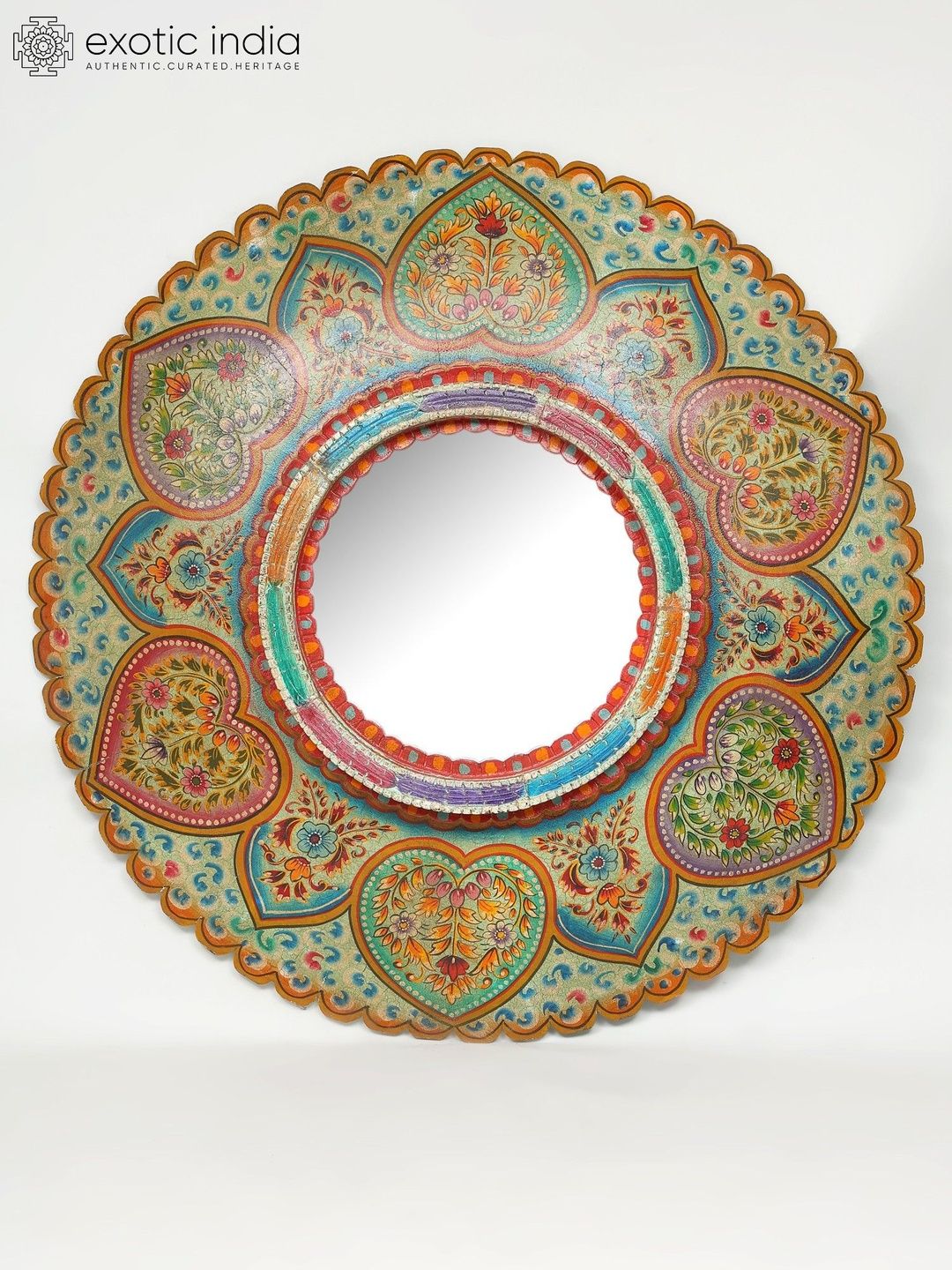 Exotic India Blue & Beige Printed Textured Vintage Round Mirror-picture-49
