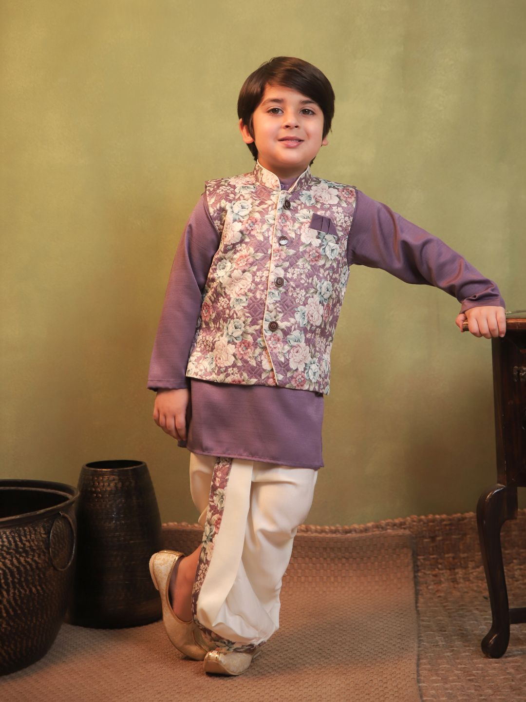 Aj DEZInES Boys Purple Cotton Full Sleeves Floral Printed Dhoti Set-image-25