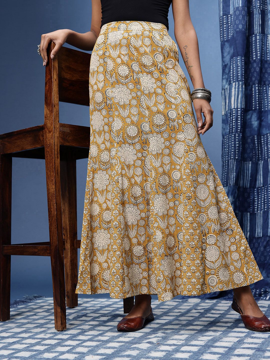 Taavi Bagru Floral Printed Pure Cotton Maxi Flared Skirt