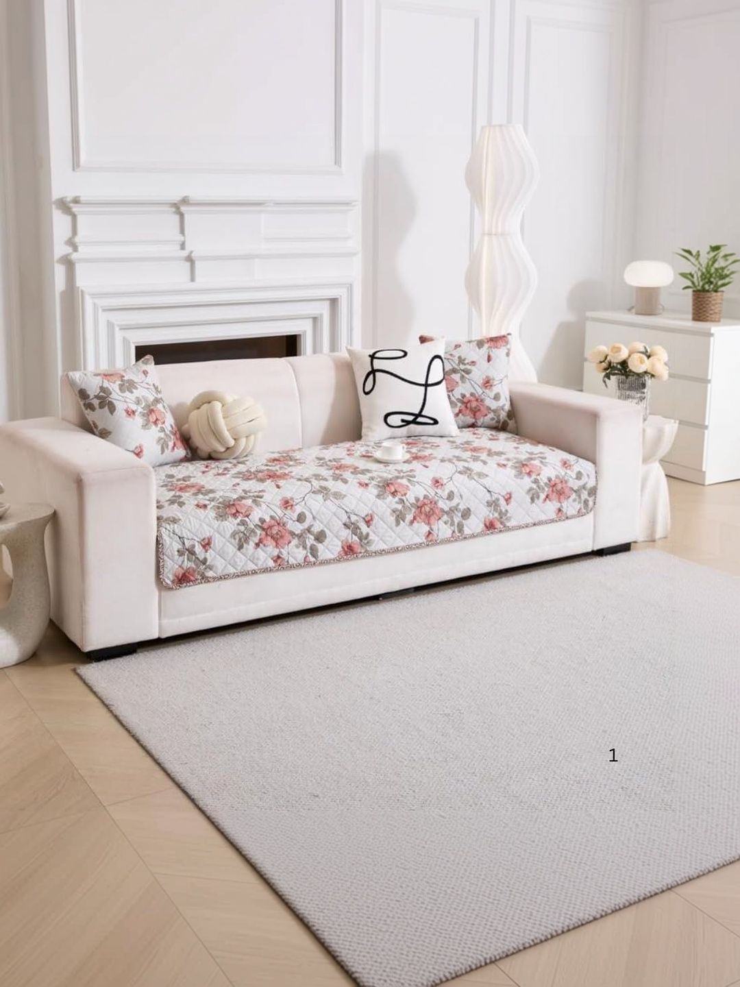 HOMETHREADS White & Cream-Coloured Printed Sofa Cover-image-40