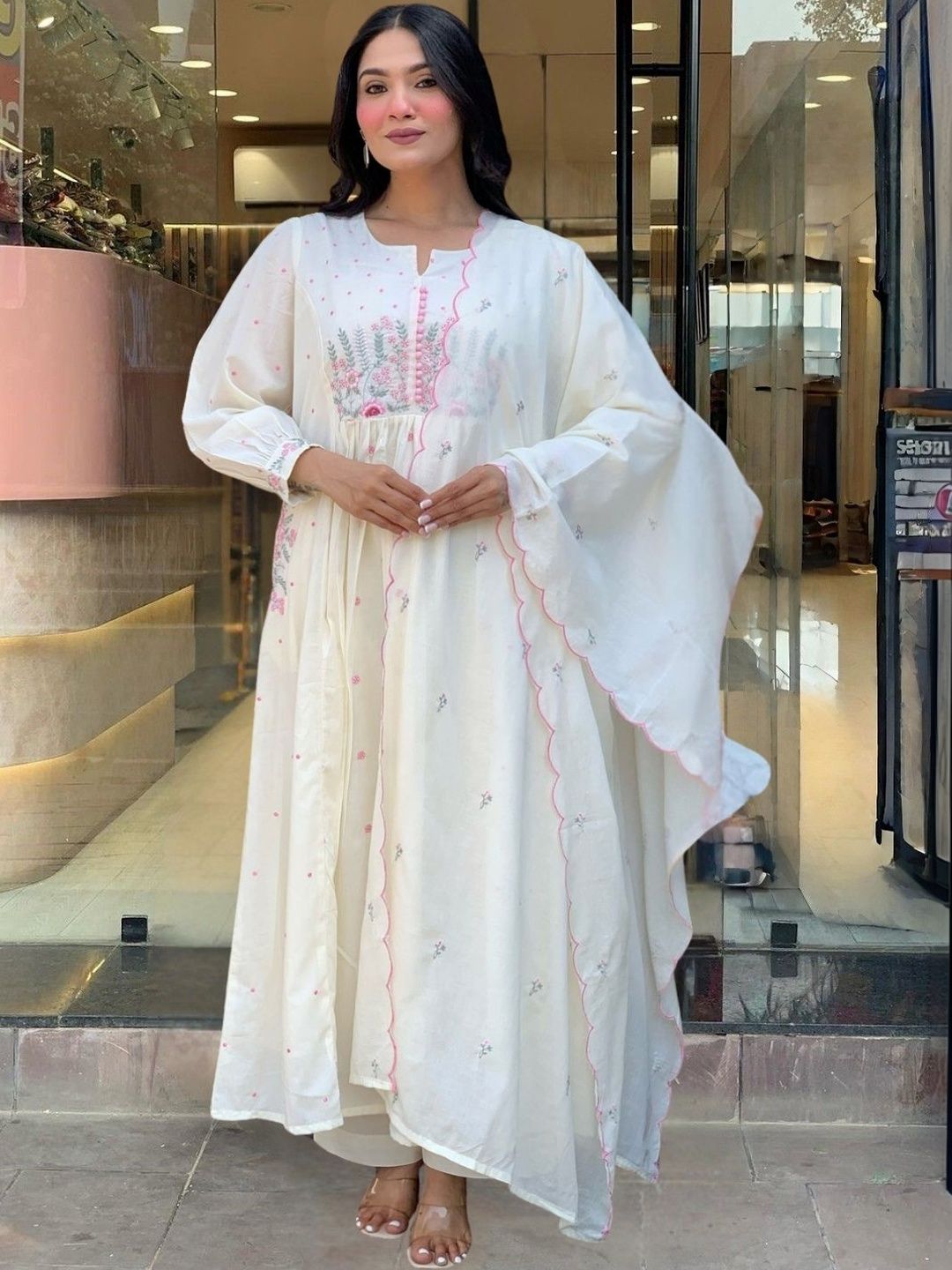 CaniBani Women Floral Embroidered Tiered Thread Work Pure Cotton Kurta with Palazzos & With Dupatta-picture-35