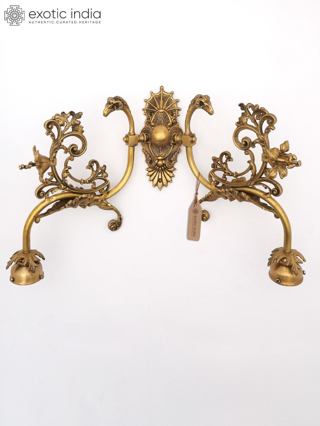 Exotic India Designer Brass Wall Lamp Brackets Ornate Design with Electric Bulb Provision-image-2
