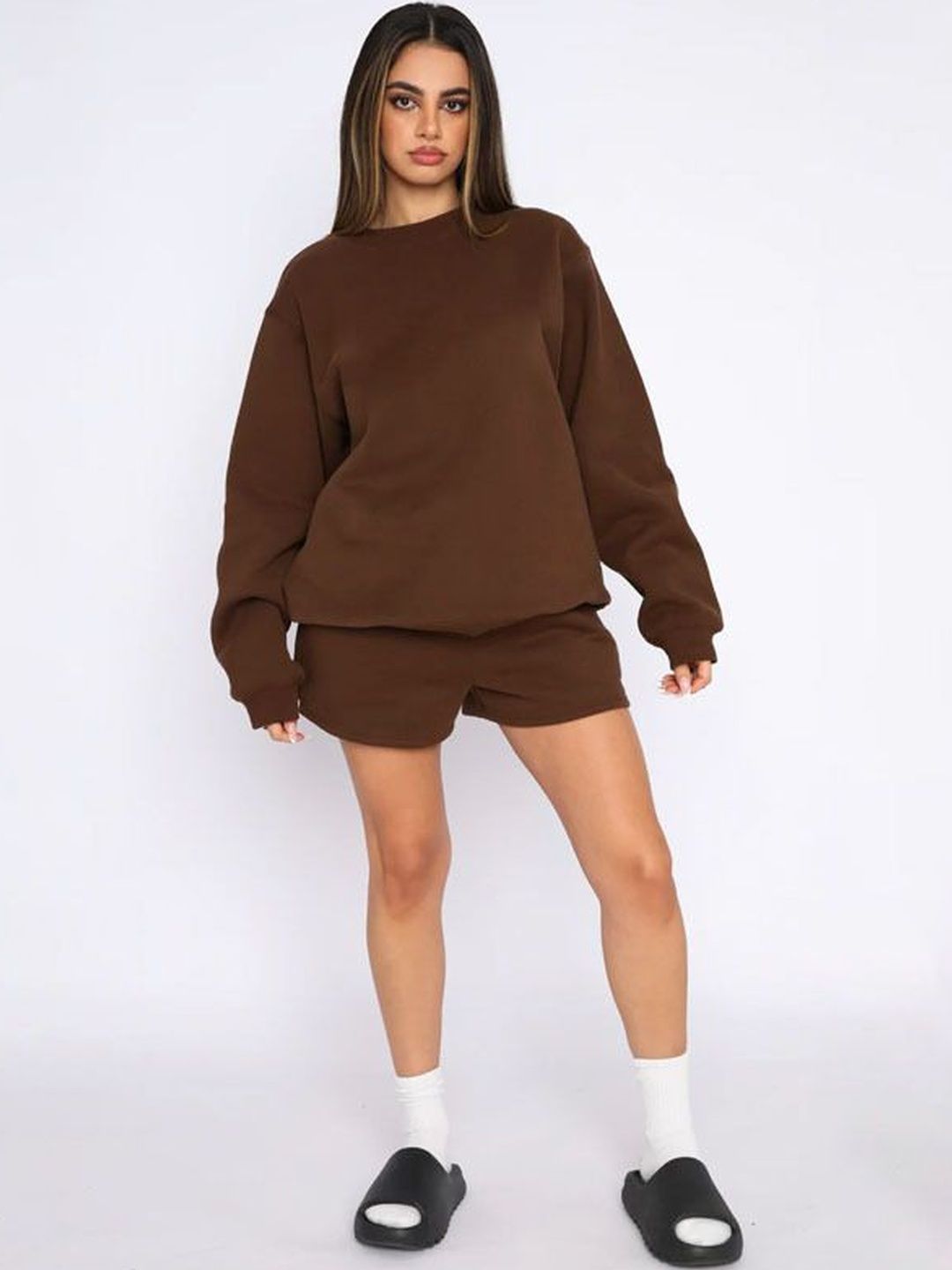 Mast & Harbour Round Neck Long Sleeves Sweatshirt With Shorts Co-Ords-picture-27