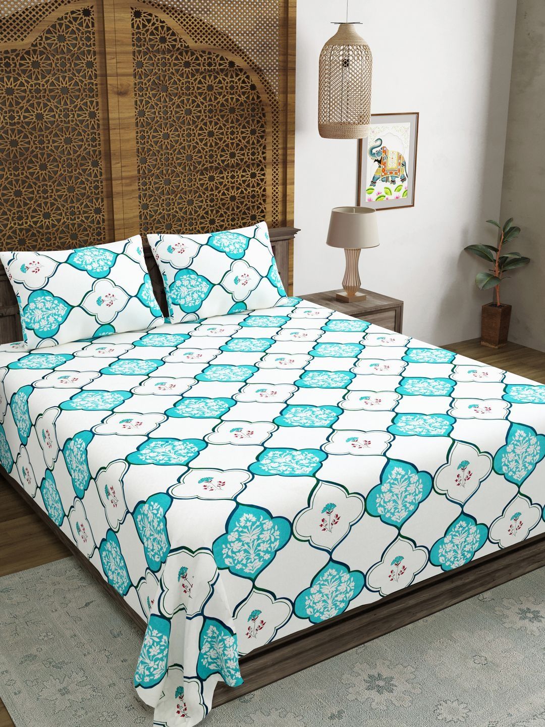 Myntra Elegant Homes White & Blue Floral 210 TC King Bedsheet with 2 Pillow Covers-picture-22