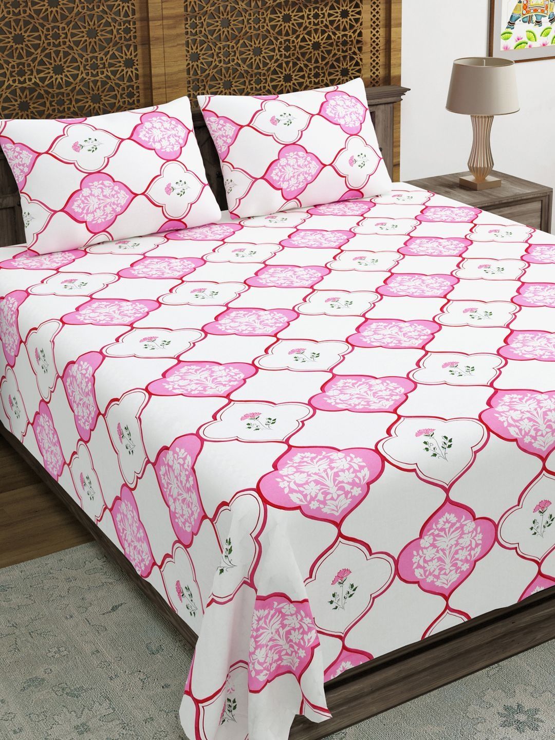 Sangria White & Pink Printed 210 TC Double Bedsheet With 2 Pillow Cover- 2.74 m x 2.28 m-picture-10