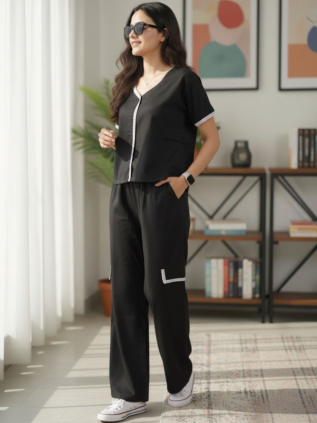 Bitterlime Pure Cotton Lace-Trim V-Neck Top & Trousers Co-Ords-picture-37