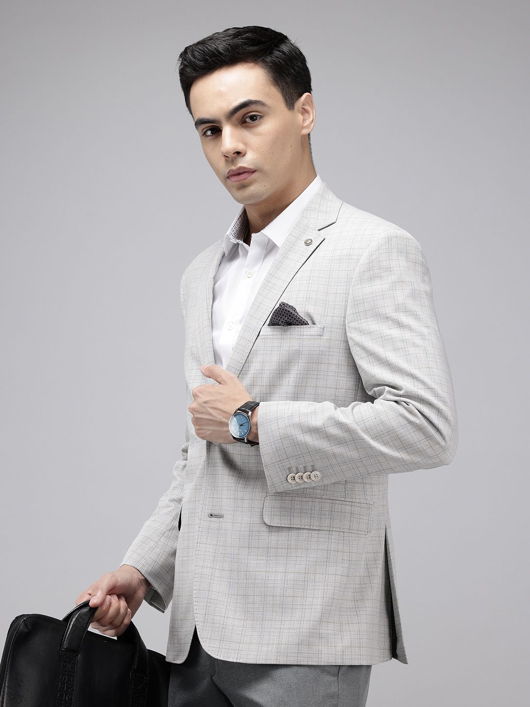 Theme Checked Notched Lapel Collar Slim-Fit Single-Breasted Formal Blazer-picture-11