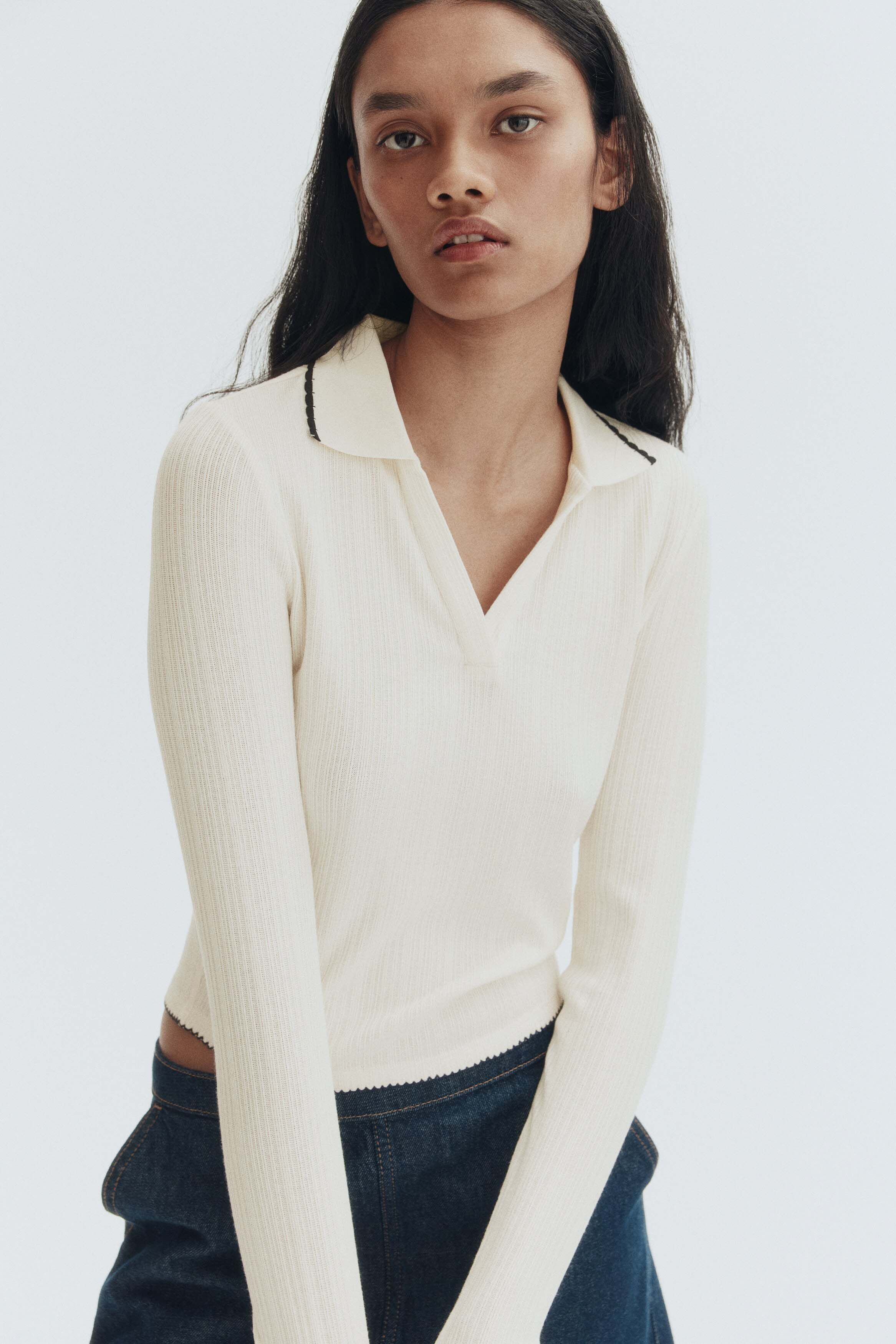 H&M Shirt Collar Rib-Knit Crop Top-picture-39