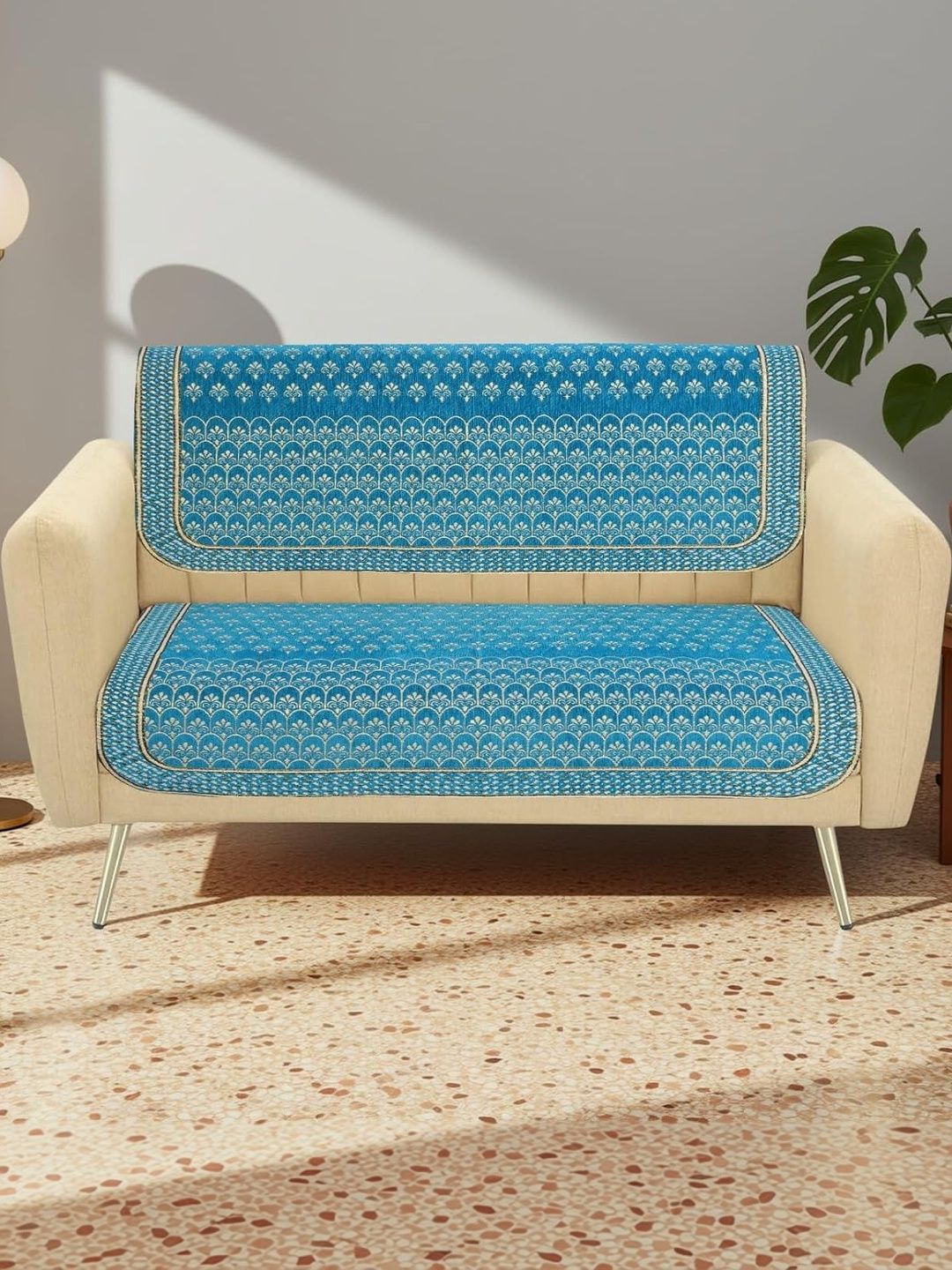 Furnishing Hut Turquoise Blue & Blue Printed 2 Piece Sofa Cover-image-25