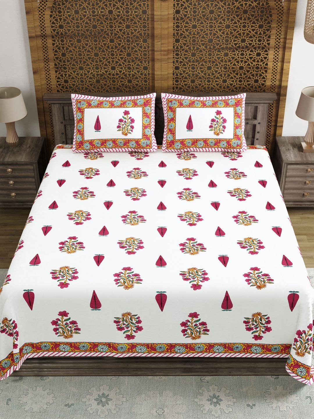 Sangria White & Pink Printed 210 TC Double Bedsheet With 2 Pillow Cover- 2.74 m x 2.28 m-picture-11