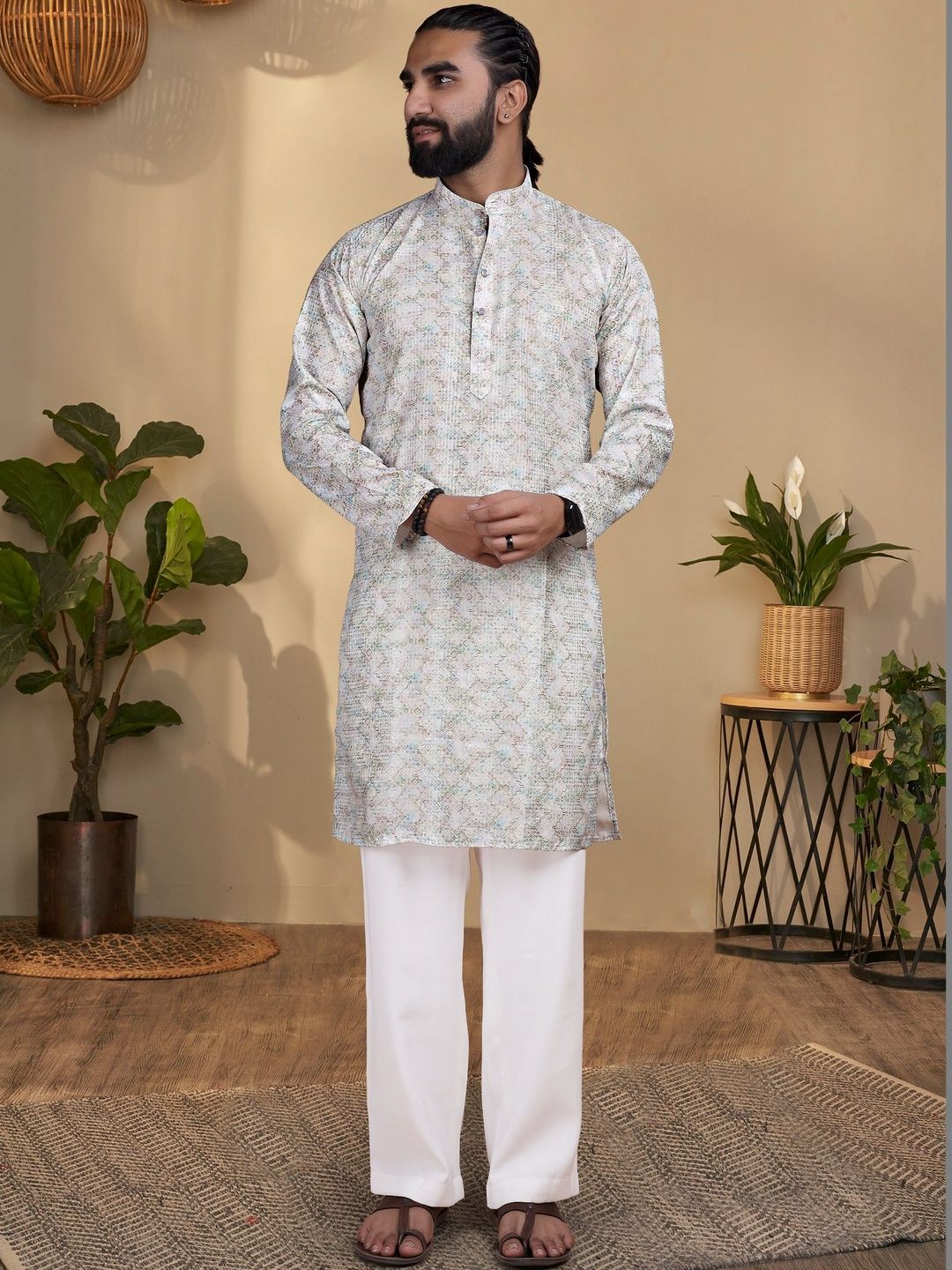 KURTA WALLAH Men Geometric Printed Thread Work Floral Kurta-picture-47