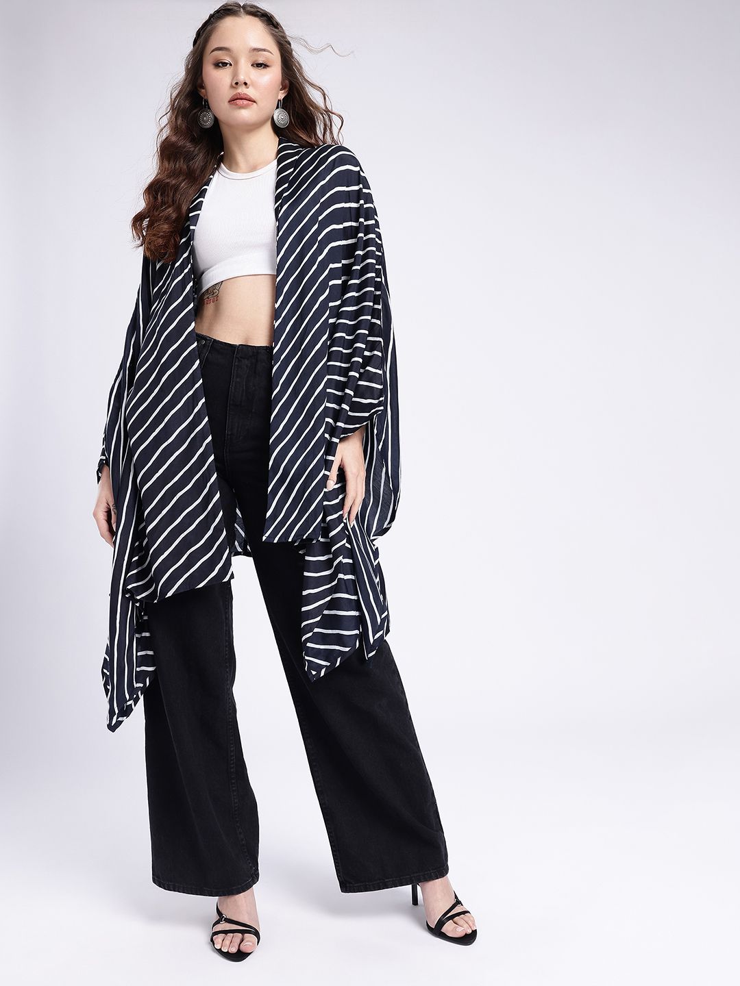fusion by glitchez Striped Kimono Sleeves Longline Open Front Shrug-picture-33