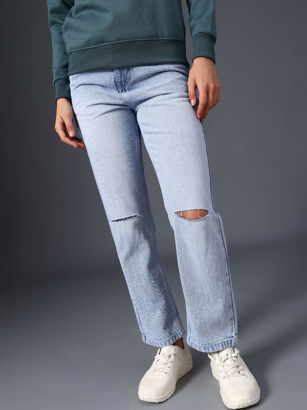 LIMEROAD Women Regular Fit Mid-Rise Mildly Distressed Light Fade Jeans-picture-21