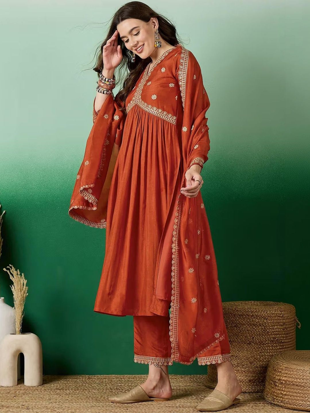 ZIMI LIFESTYLE Women Ethnic Motifs Embroidered Empire Thread Work Kurta with Trousers & With Dupatta-picture-39