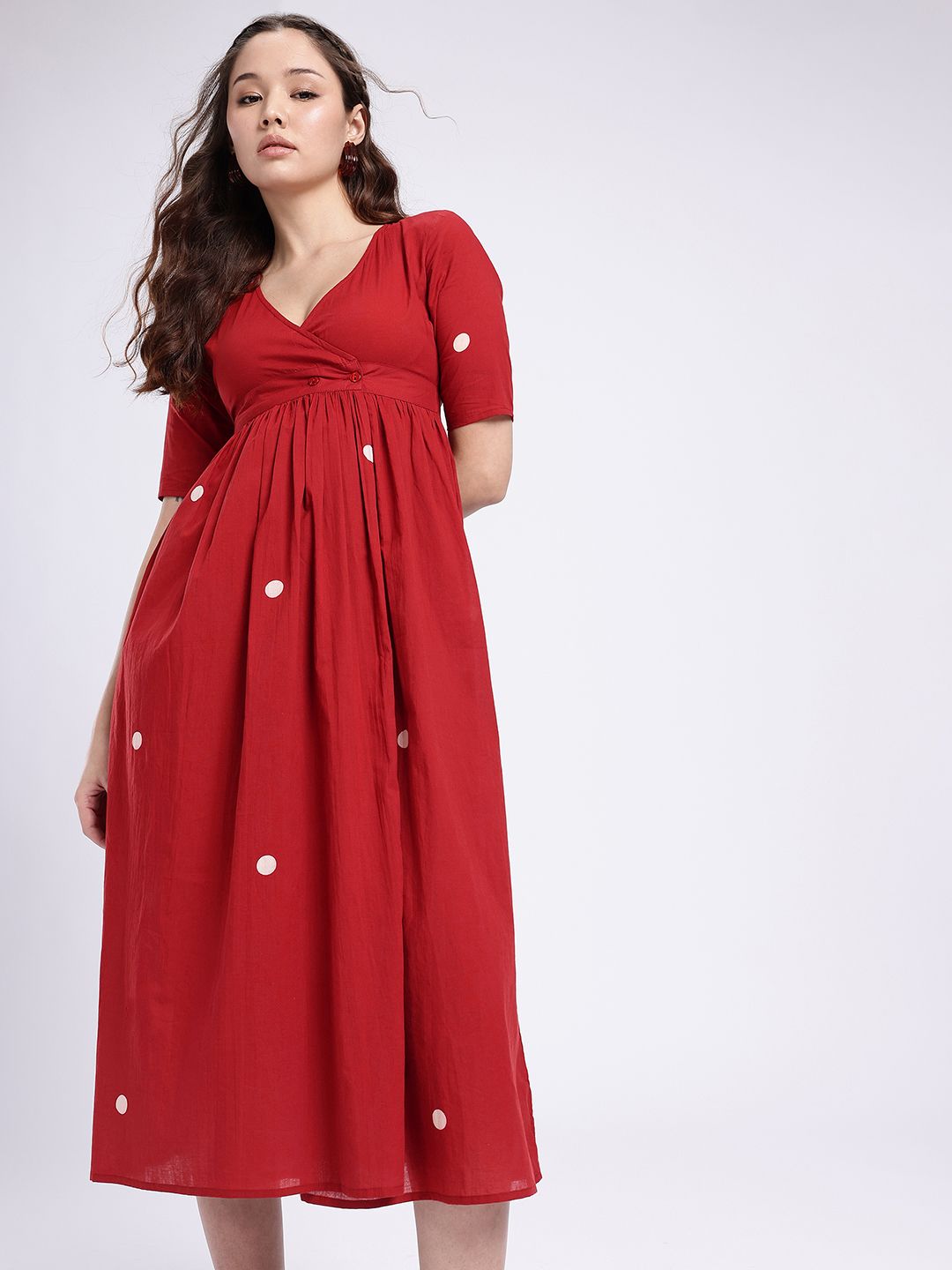 fusion by glitchez Polka Dot Printed V-Neck A-Line Midi Dress-picture-10