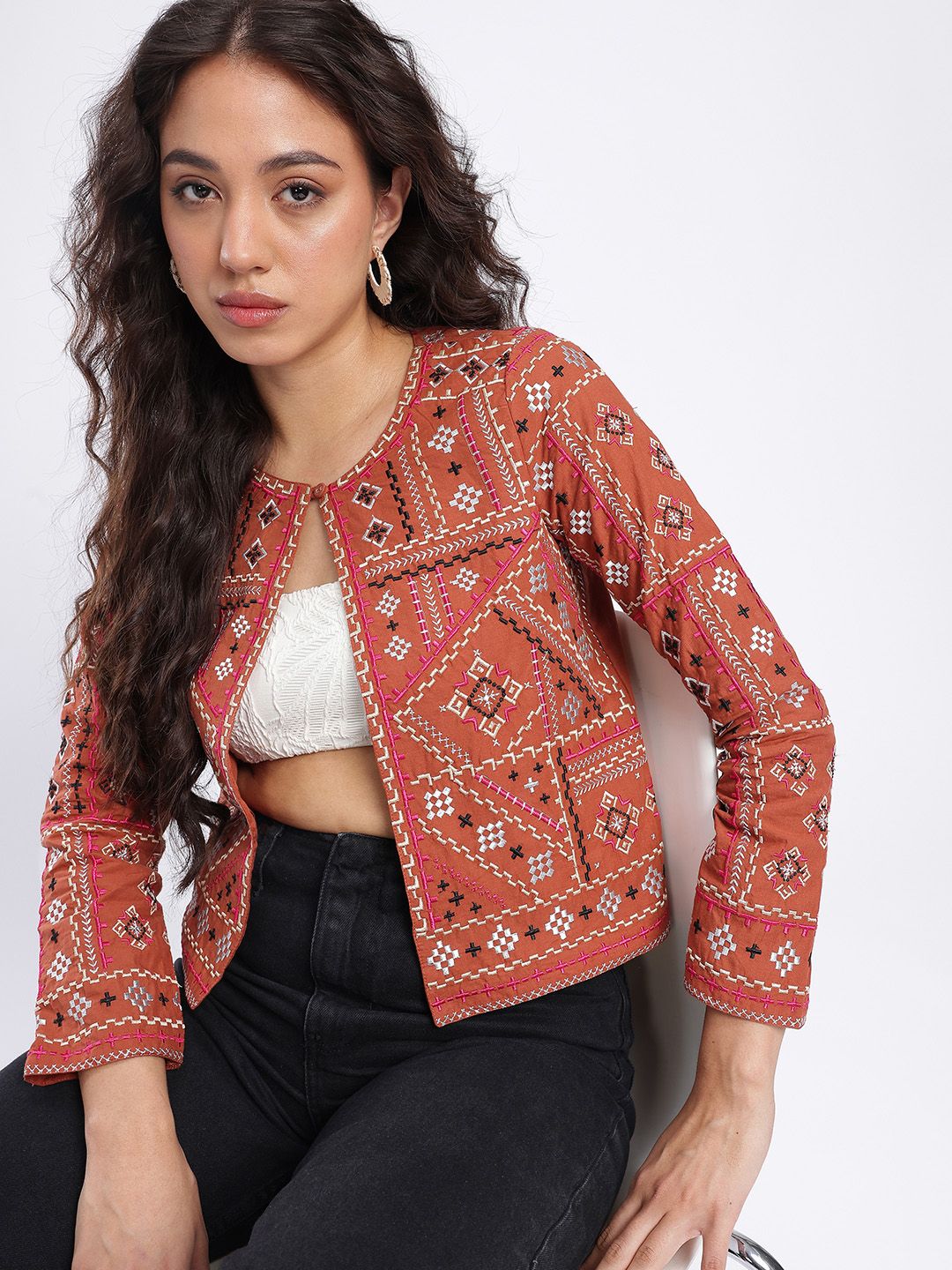 fusion by glitchez Geometric Embroidered Collarless Tailored Jacket-picture-35
