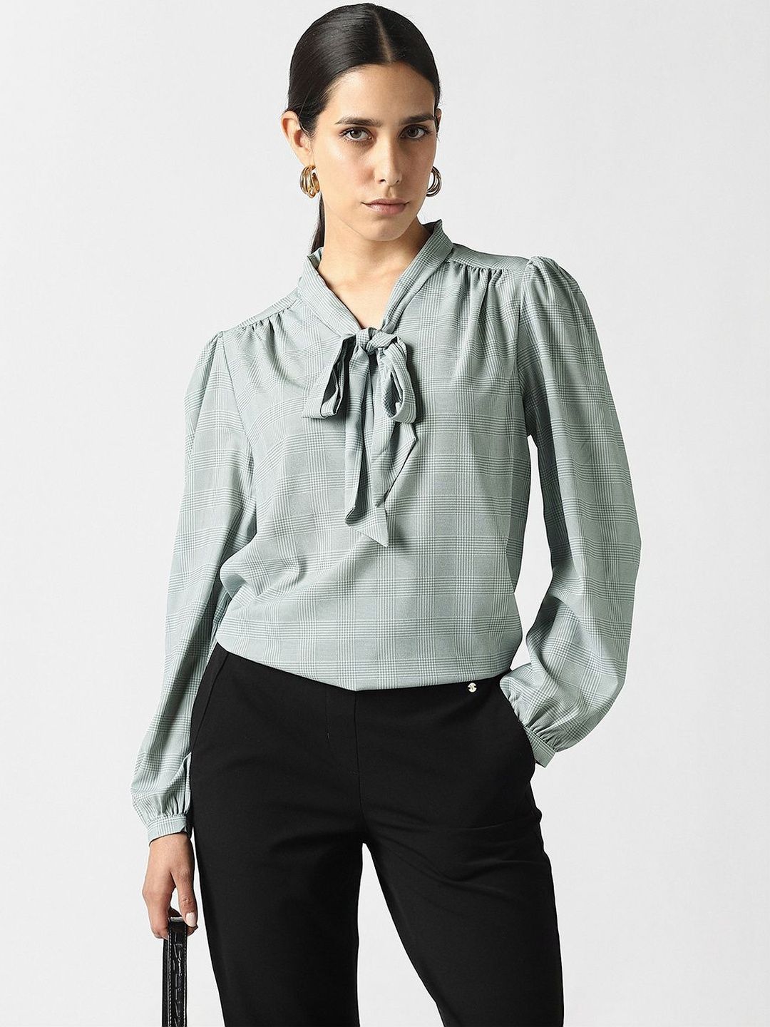 Van Heusen Woman Checked Tie-Up Neck Puff Sleeve Top-picture-34