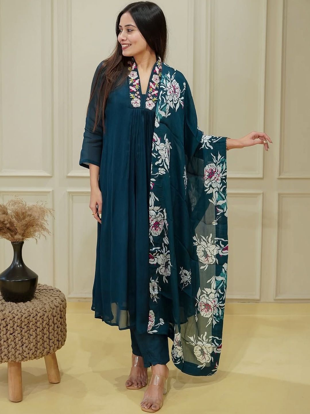 all about you Women Floral Embroidered Pleated Thread Work Kurta with Trousers & With Dupatta-picture-24