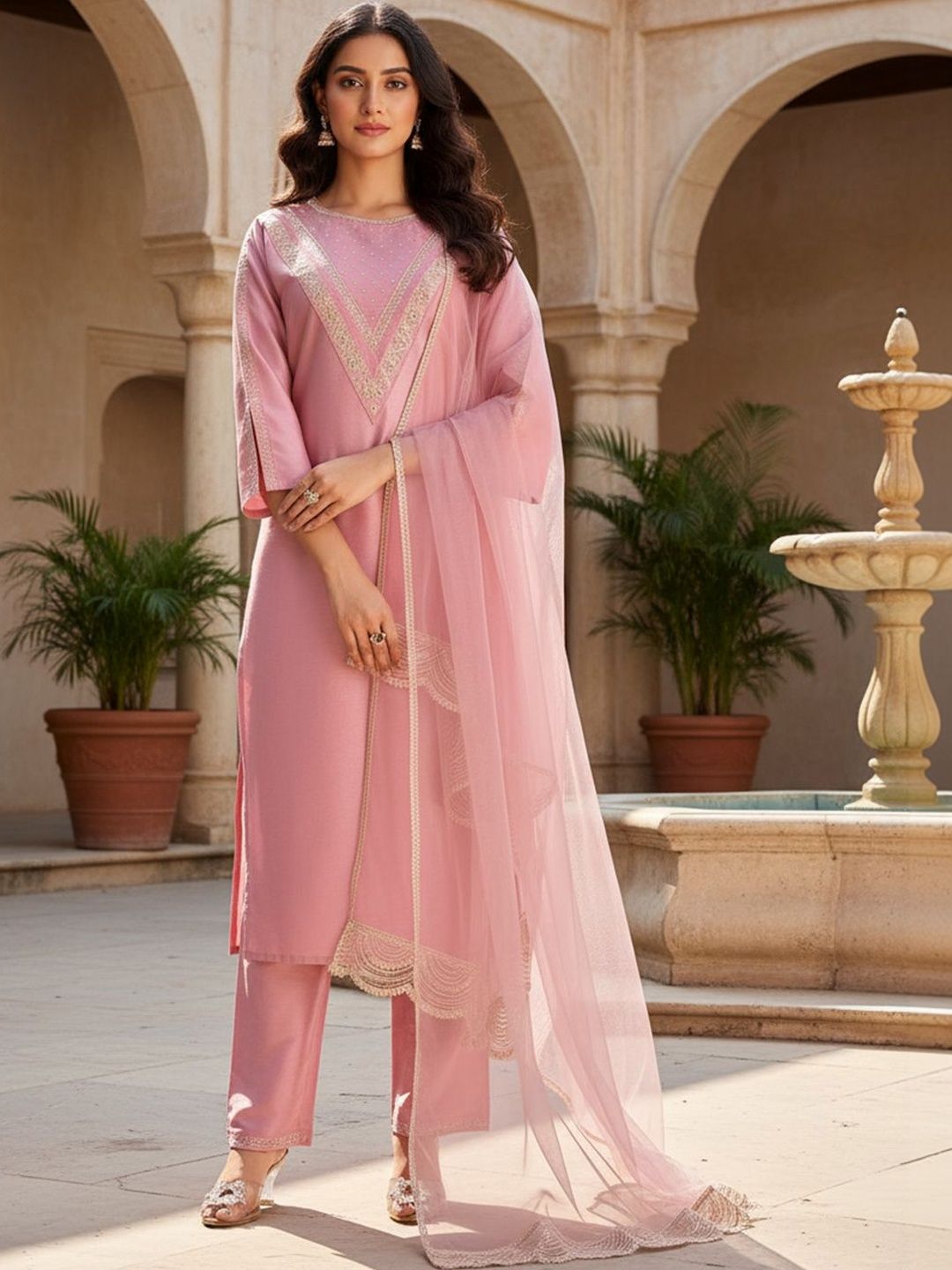 AVANSHEE Women Ethnic Motifs Embroidered Regular Thread Work Kurta with Trousers & With Dupatta-image-2