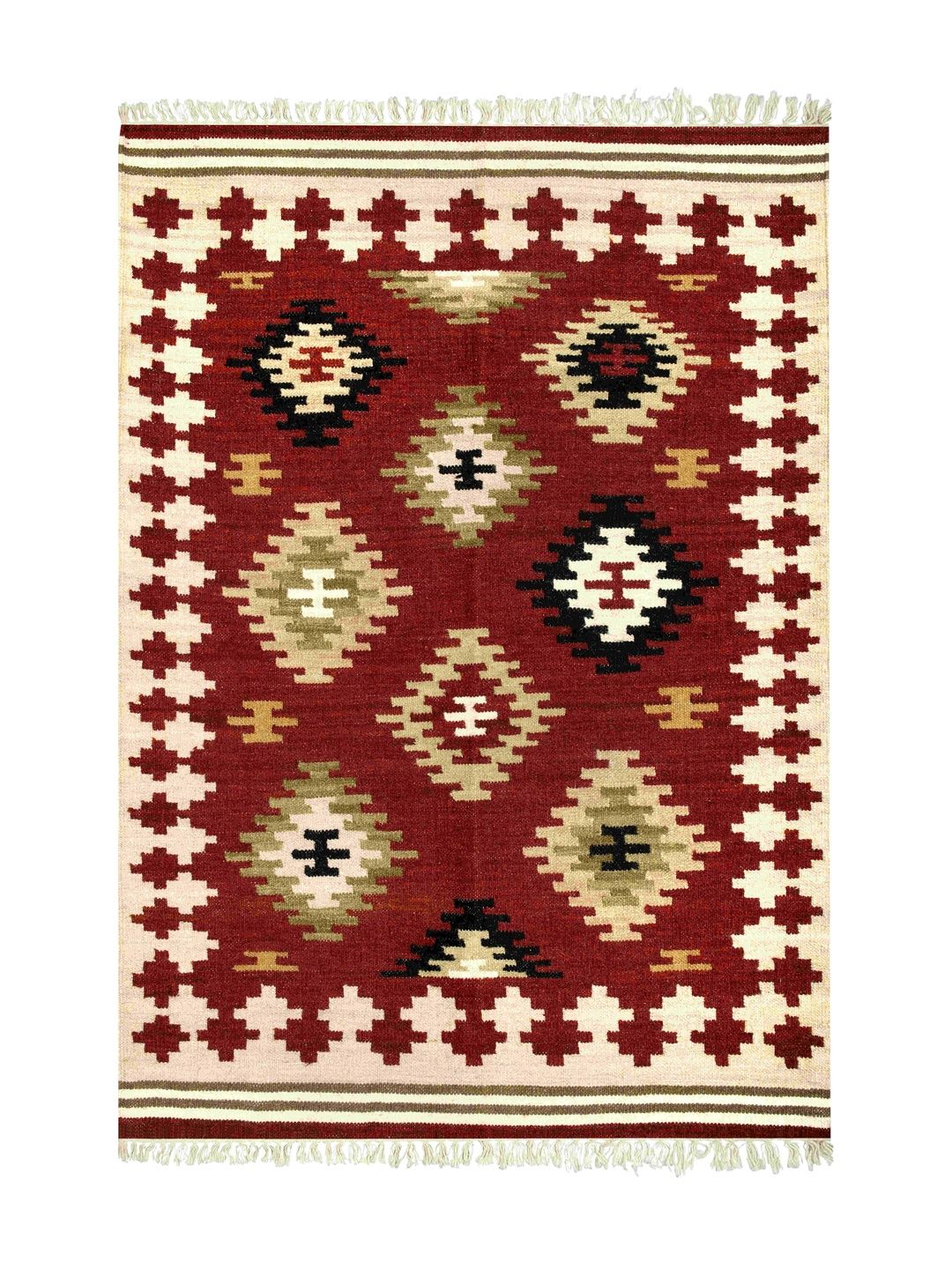 Exotic India Red & Beige Burnt-Henna Kilim Motifs Dhurris-image-0
