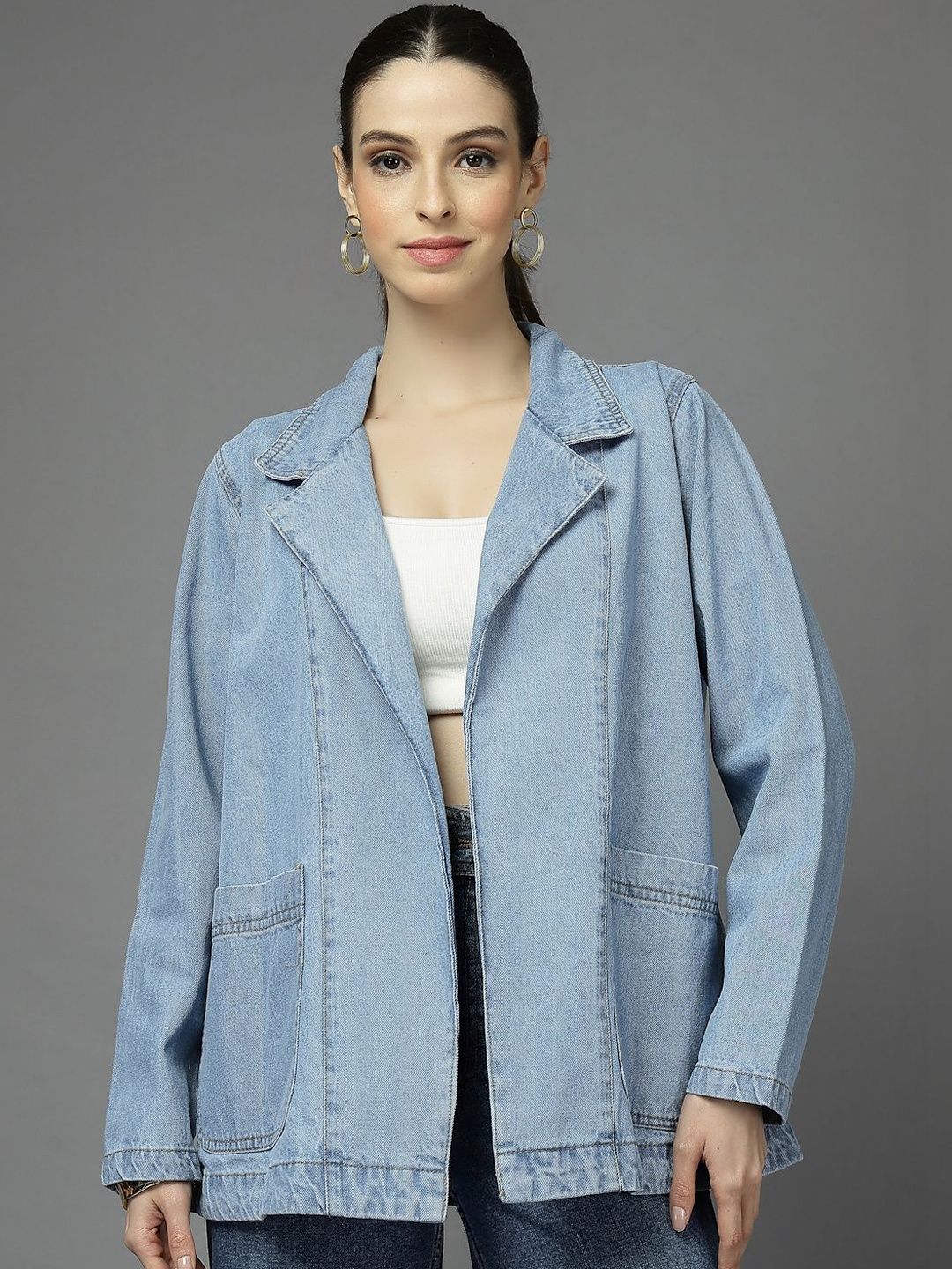 Style Quotient Notched Lapel Collar Denim Trench Coat-image-5