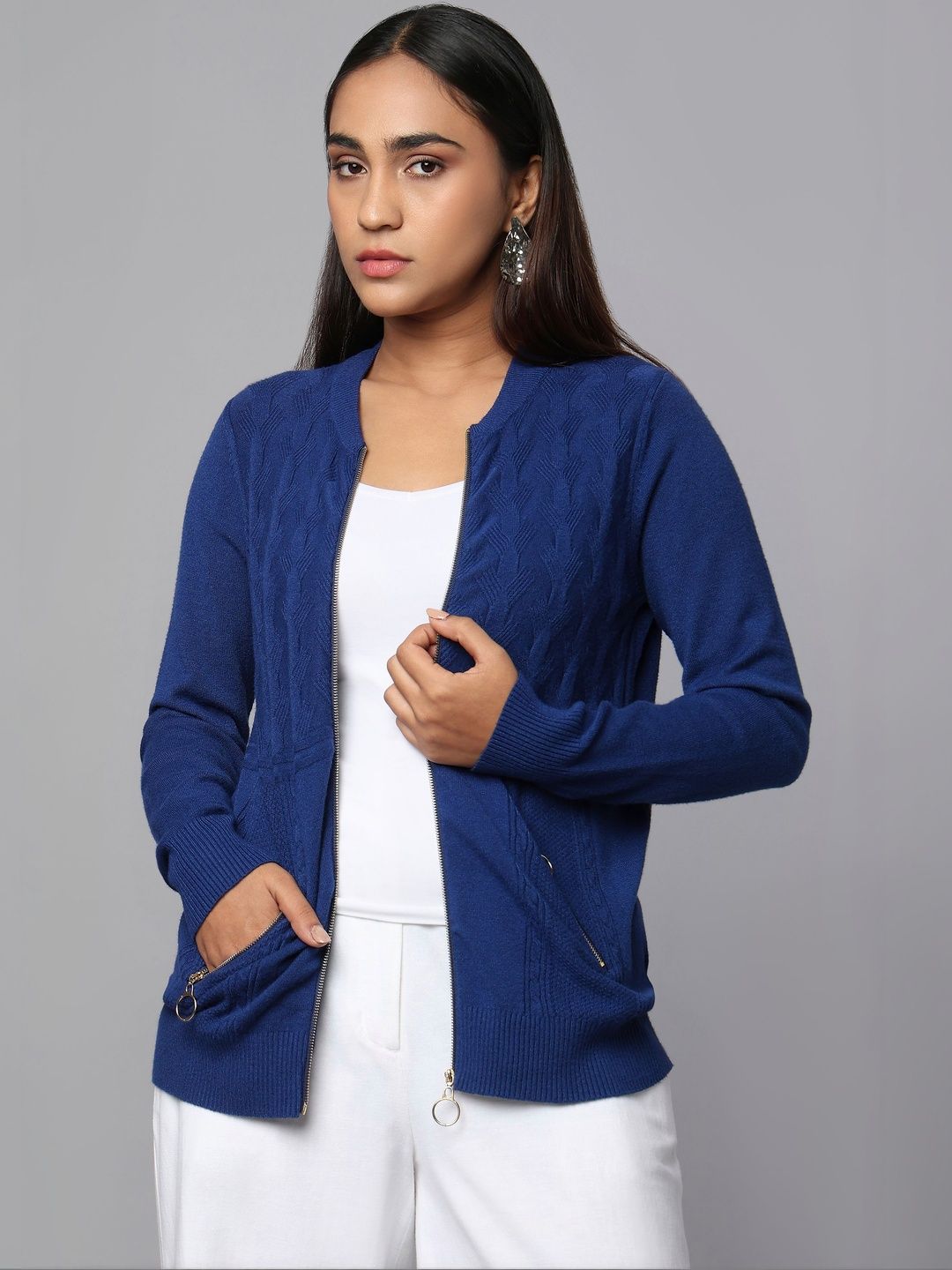 Tamiska By Narendra Kumar Women Cable Knit Cardigan with Zip Detail Detail-picture-24