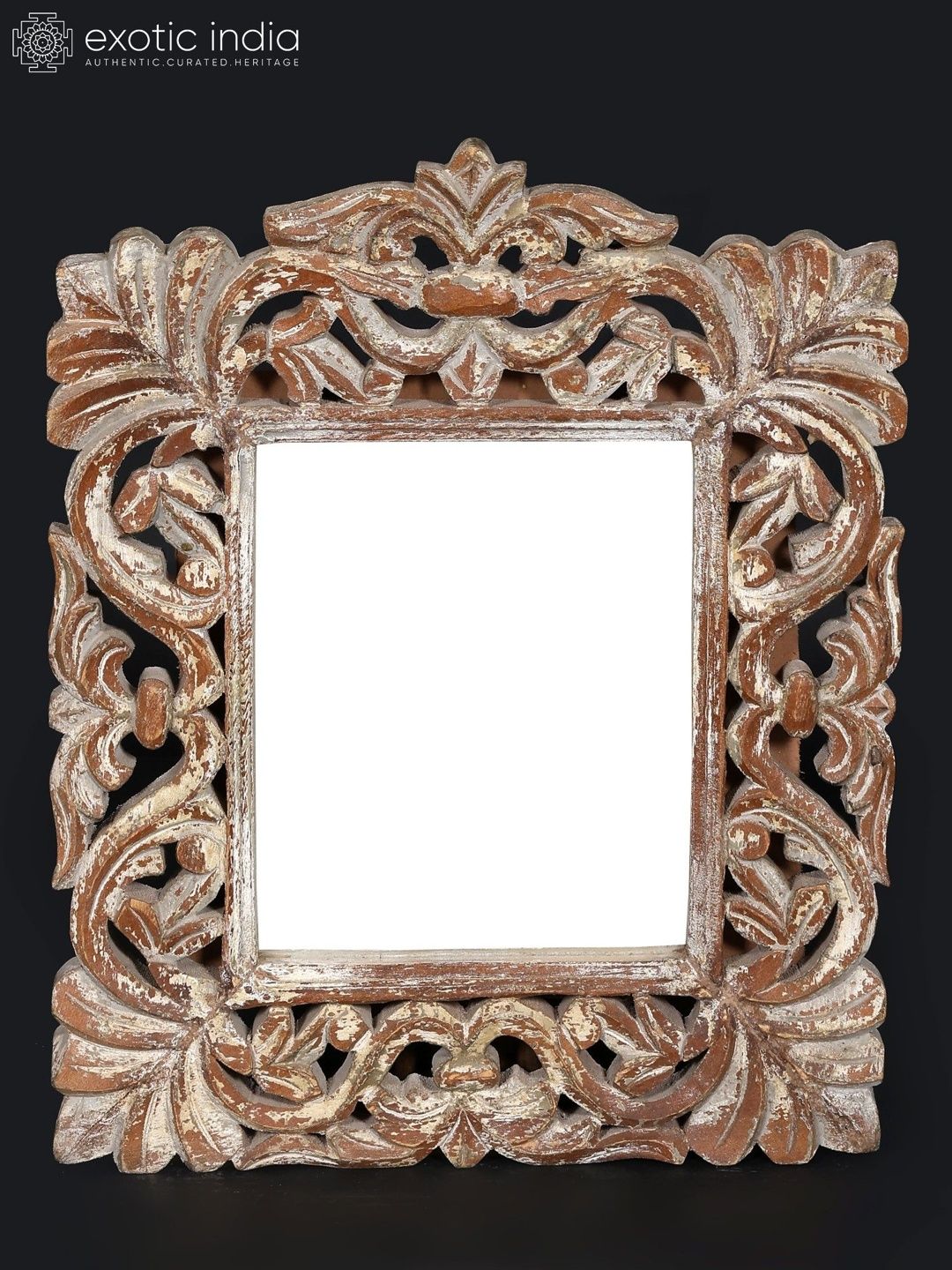 Exotic India Brown Textured Vintage Rectangular Wood Framed Wall Hanging Mirror-image-1