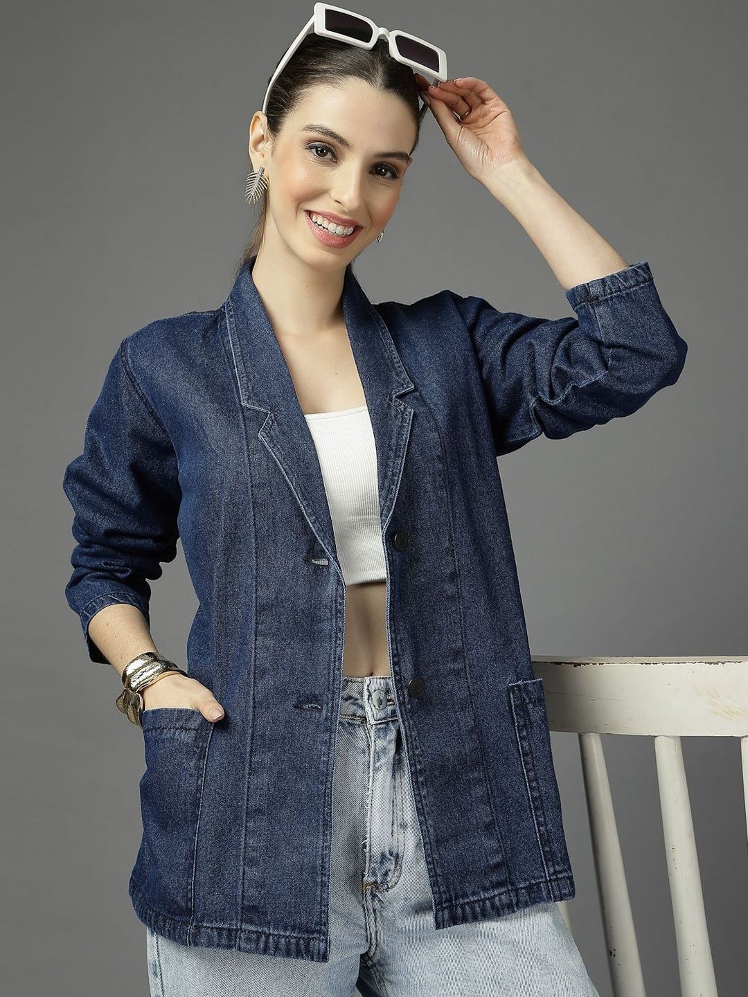 Style Quotient Notched Lapel Collar Denim Trench Coat-picture-26