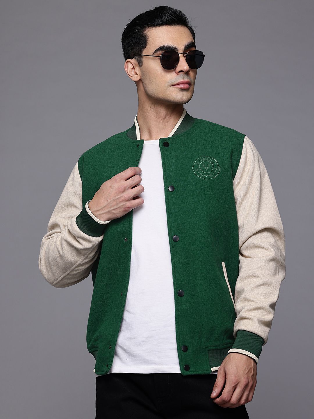 Allen Solly Brand Logo Detail Colourblocked Stand Collar Bomber Jacket-picture-17