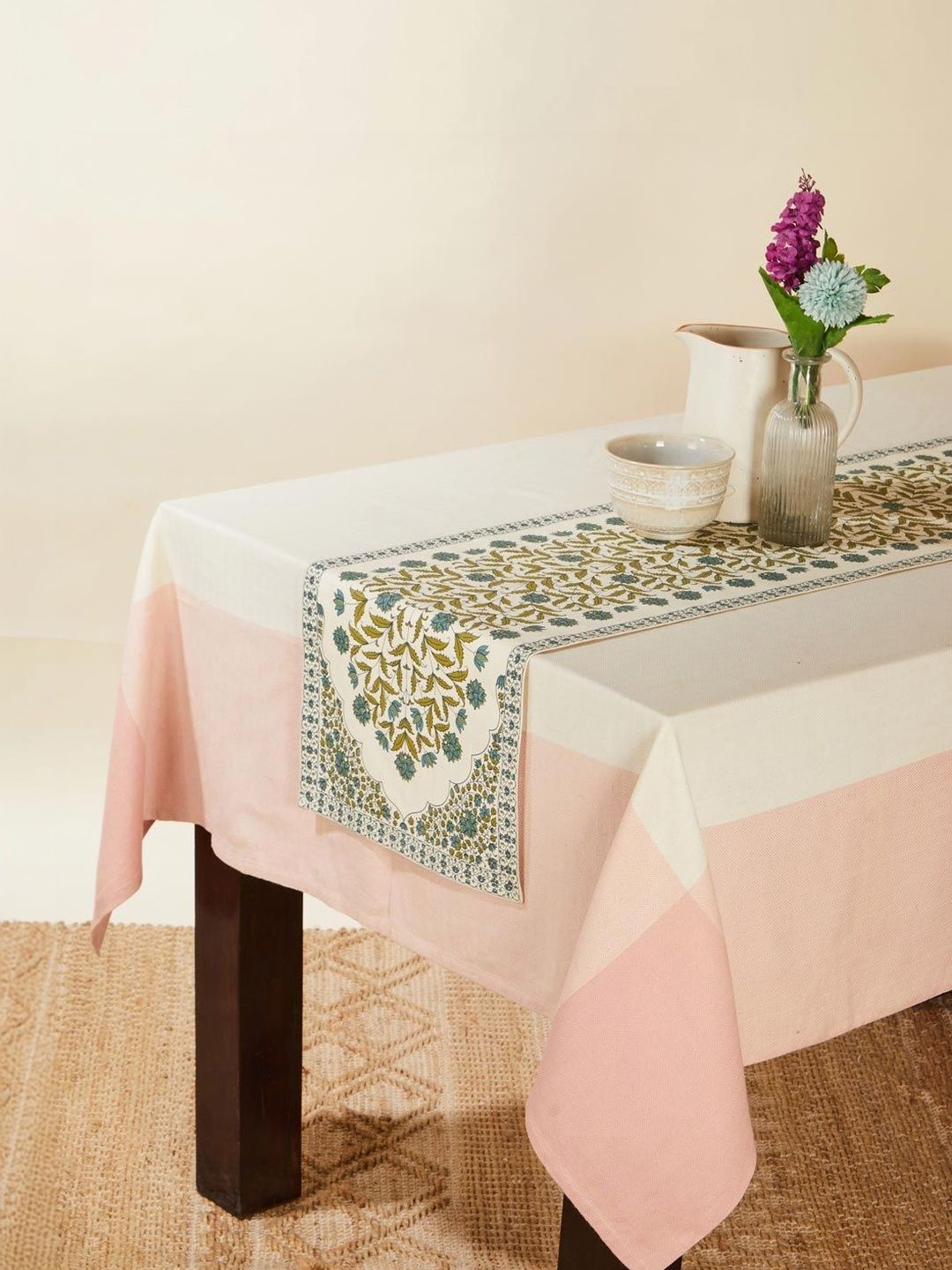Fabindia Pushp Blue & Green Floral Printed Pure Cotton Table Runner-image-38