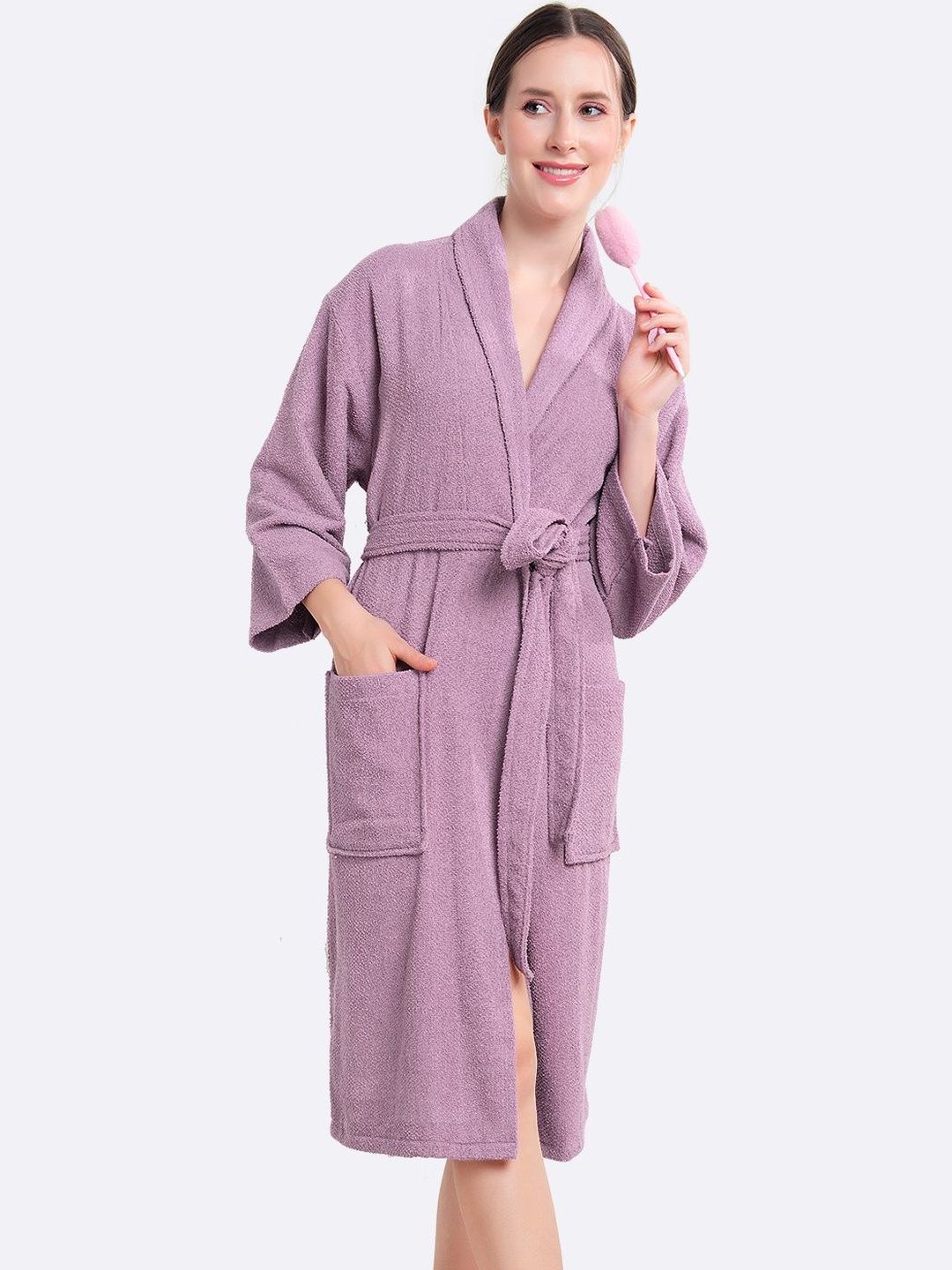LacyLook Lavender Pure Cotton Tie-Ups Knee Length Bathrobe-image-20