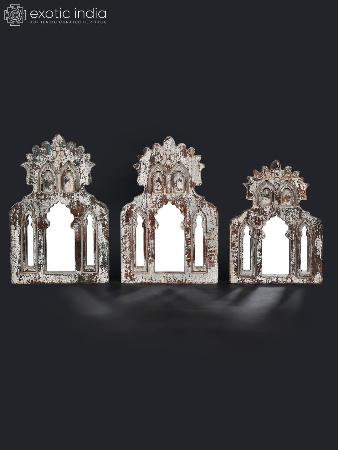 Exotic India 3-Pcs White Textured Vintage Rectangular Mirror-image-37