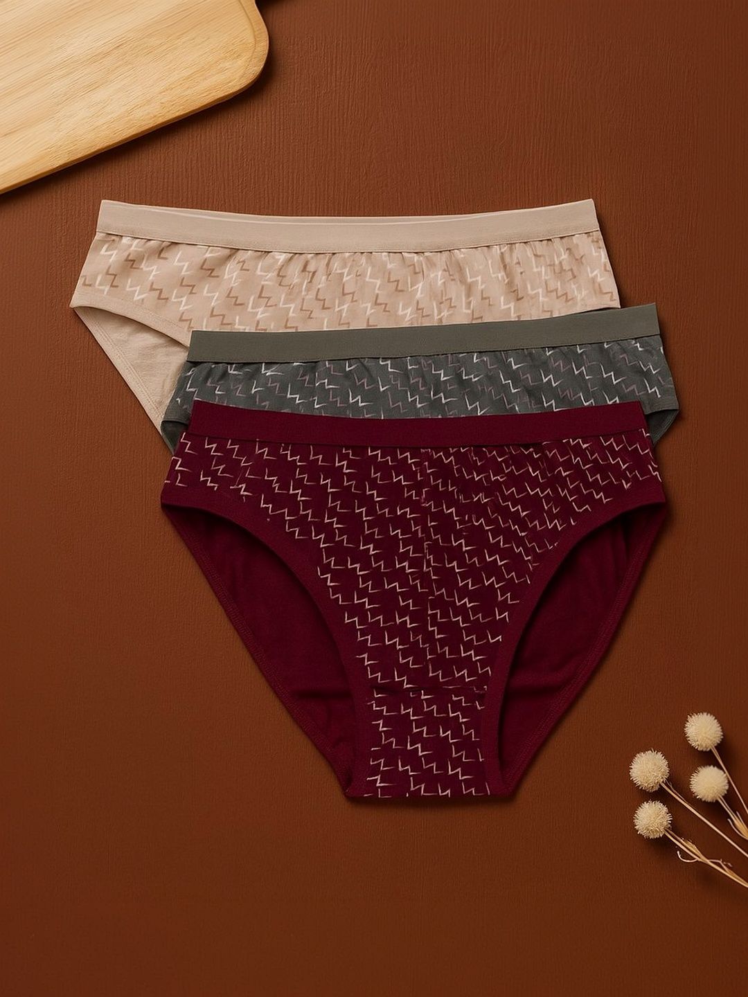 FiveFlag Pack Of 3 Printed Combed Cotton Mid-Rise Hipster Briefs-image-24
