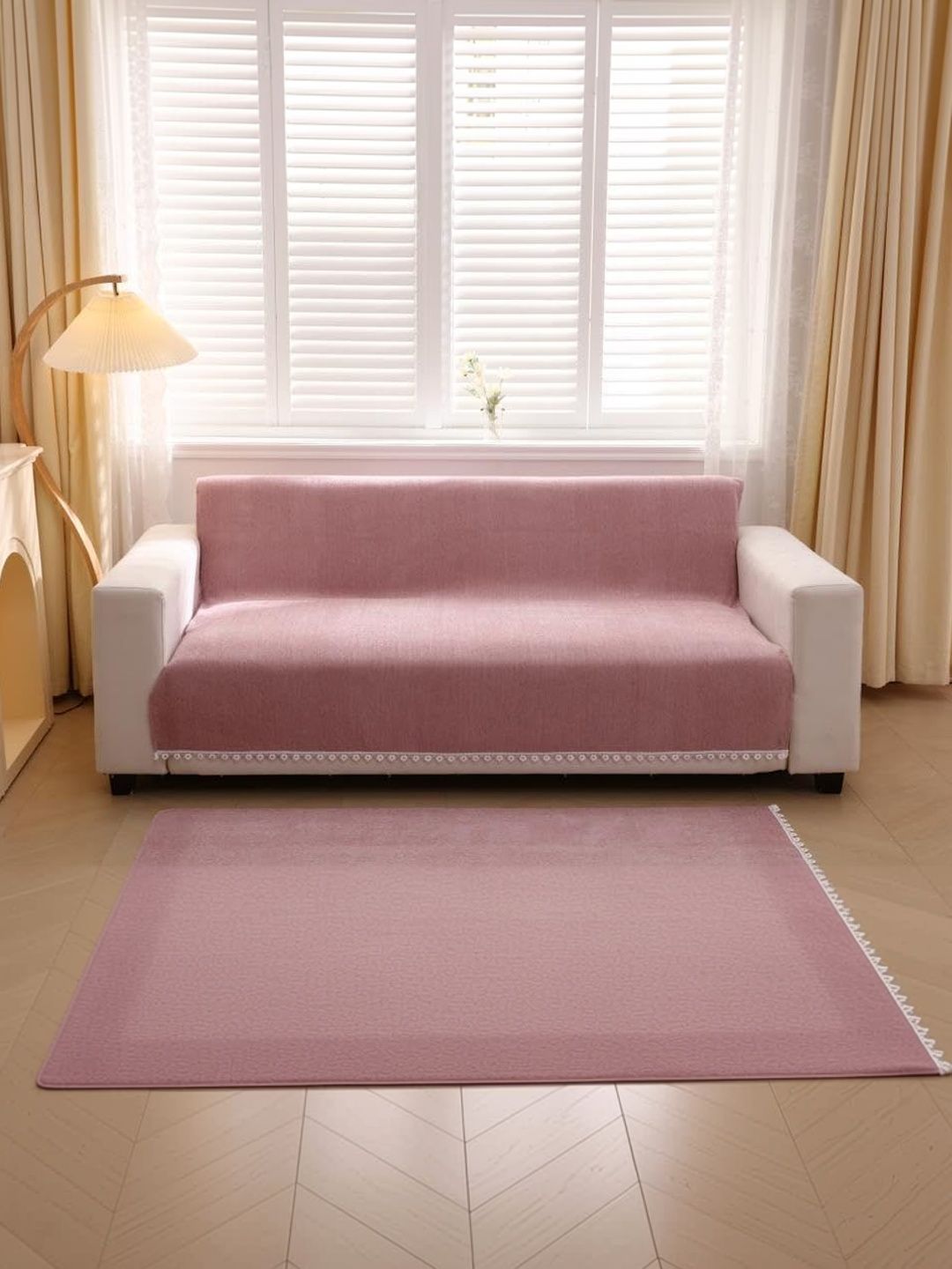 HOMETHREADS Peach-Coloured & Pink Solid Sofa Cover-image-17